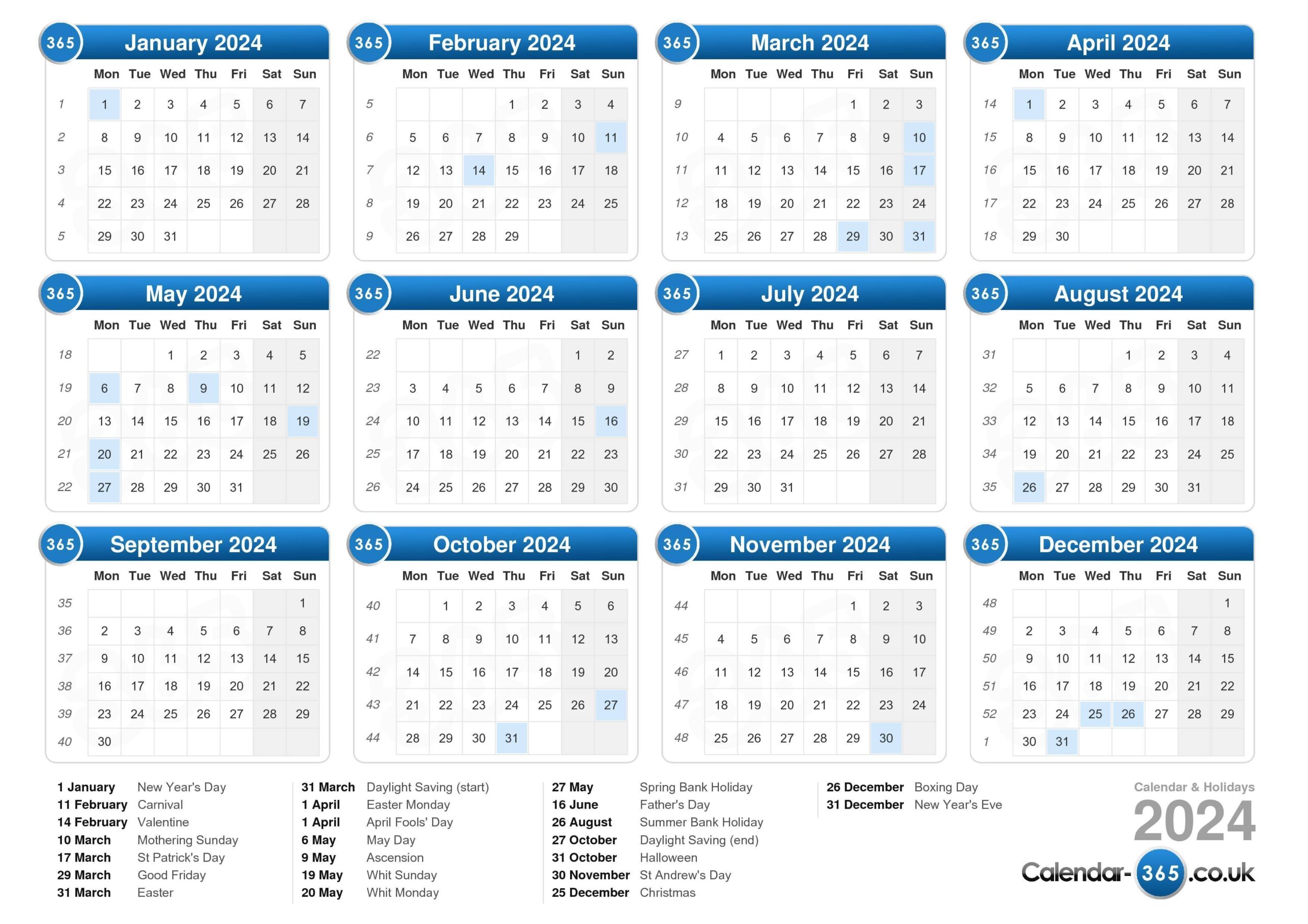 Calendar 2024 throughout Free Printable Calendar 2024 Uk With Week Numbers