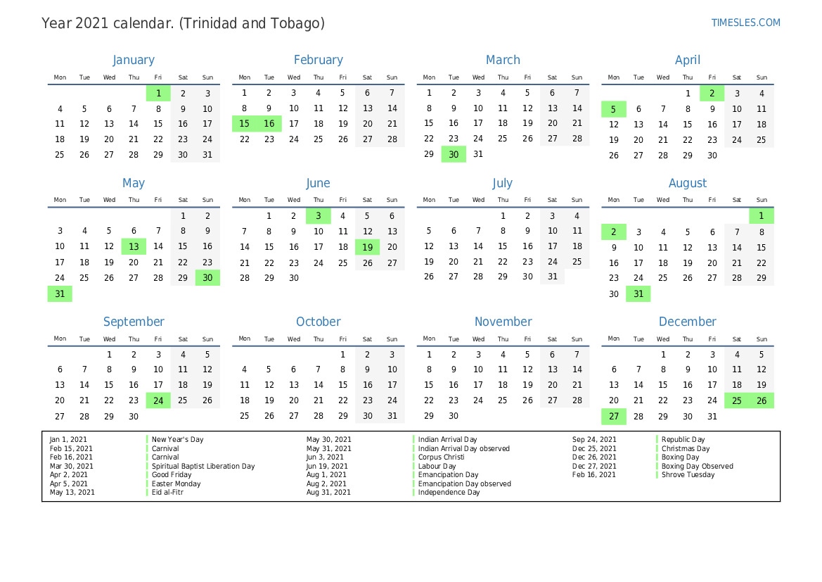 Free Printable 2024 Calendar With Holidays Trinidad Printable Calendar