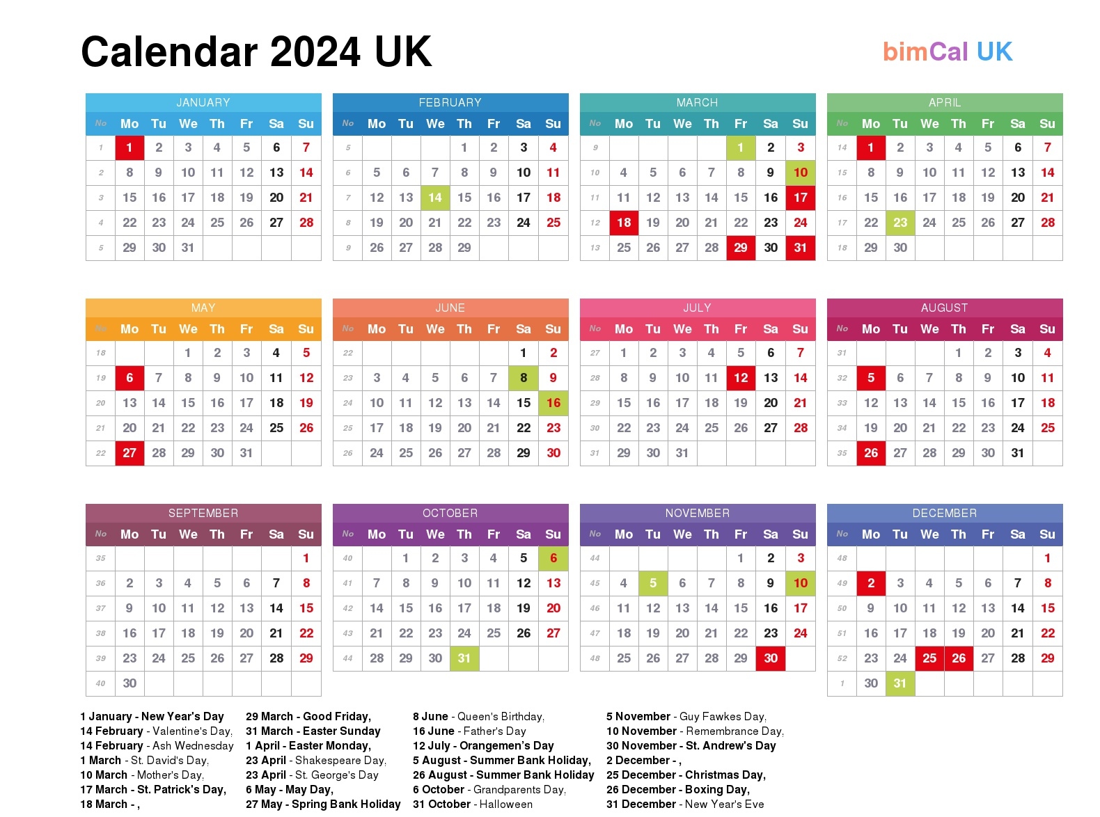 Calendar 2024 Uk - Bimcal.uk 🇬🇧 with regard to Free Printable Calendar 2024 With Holidays Uk