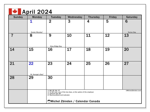 Calendar April 2024 Canada Michel Zbinden CA - Free Printable 2024 Monthly Calendar With Holidays April
