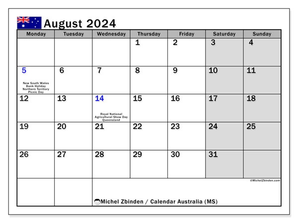 Calendar August 2024 Australia MS Michel Zbinden AU - Free Printable 2024 Monthly Calendar With Australian Holidays
