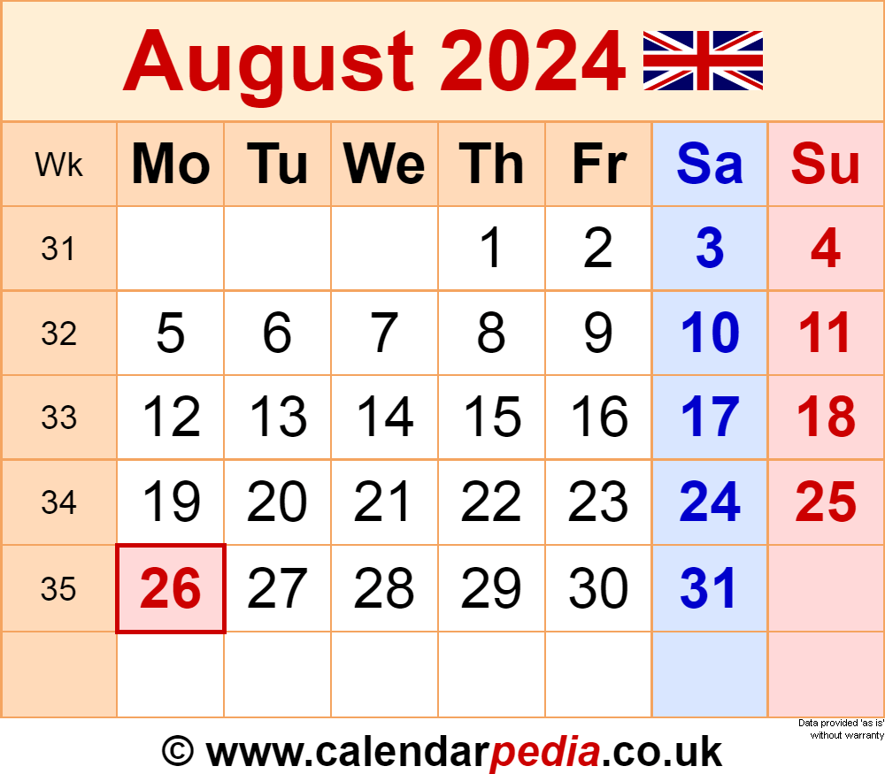 Calendar August 2024 Uk With Excel, Word And Pdf Templates in Free Printable Calendar August 2024 Uk