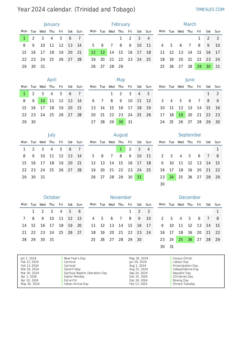 Calendar For 2024 With Holidays In Trinidad And Tobago Print And