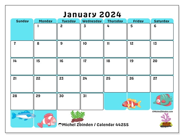 Calendar January 2024 Ocean SS Michel Zbinden US - Free Printable 2024 Calenders With Leaves