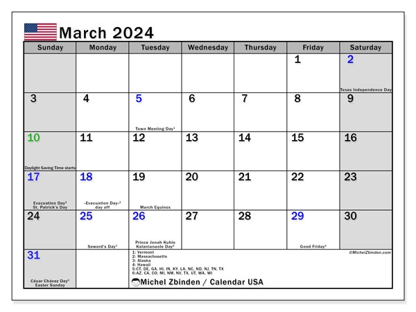 Calendar March 2024 USA Michel Zbinden US - Free Printable 2024 March Calendar With Holidays