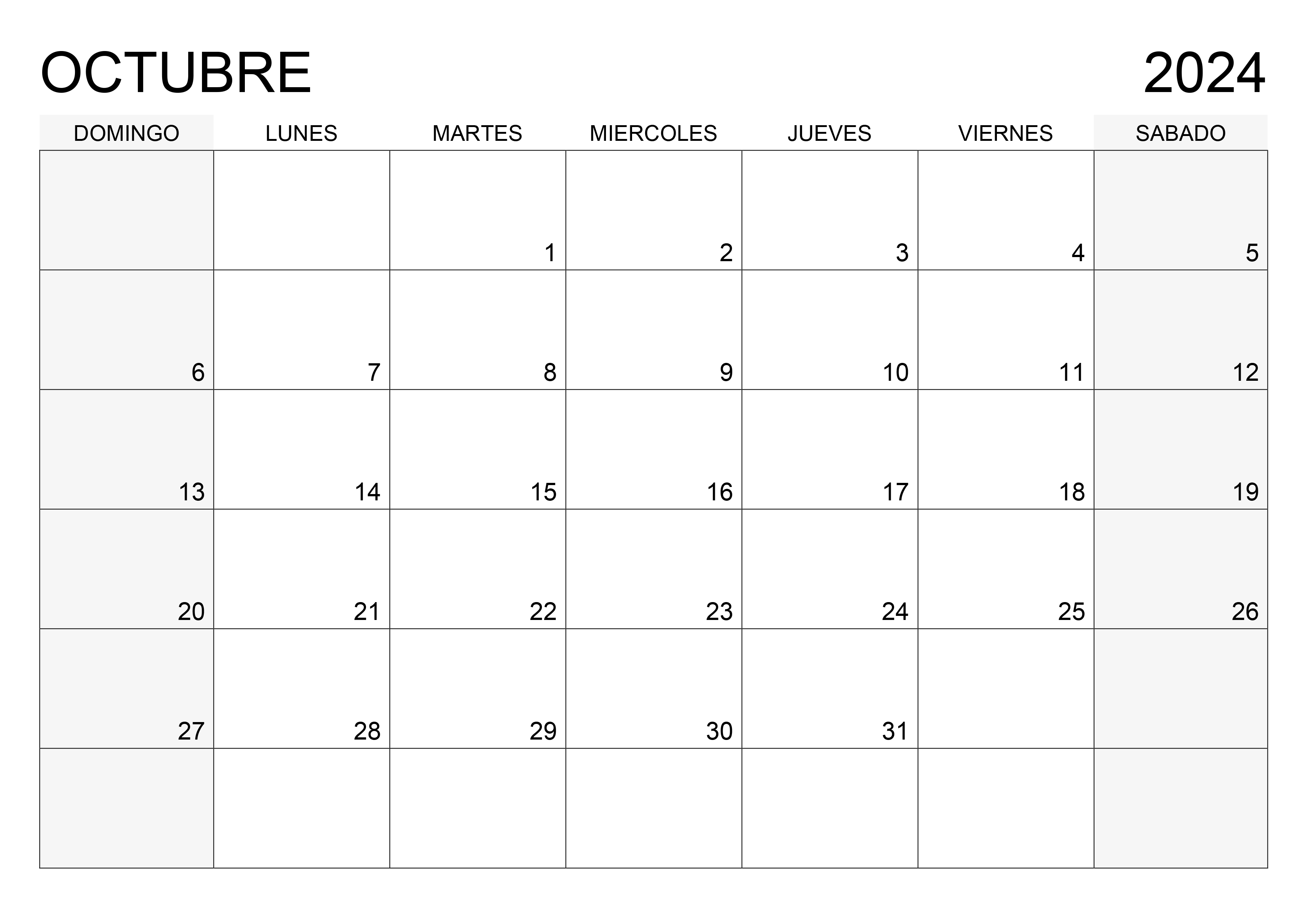 Calendario Octubre 2024 el Domingo Es El Primer D a De La Semana - Free Printable 2024 Monthly Calendar Octubre