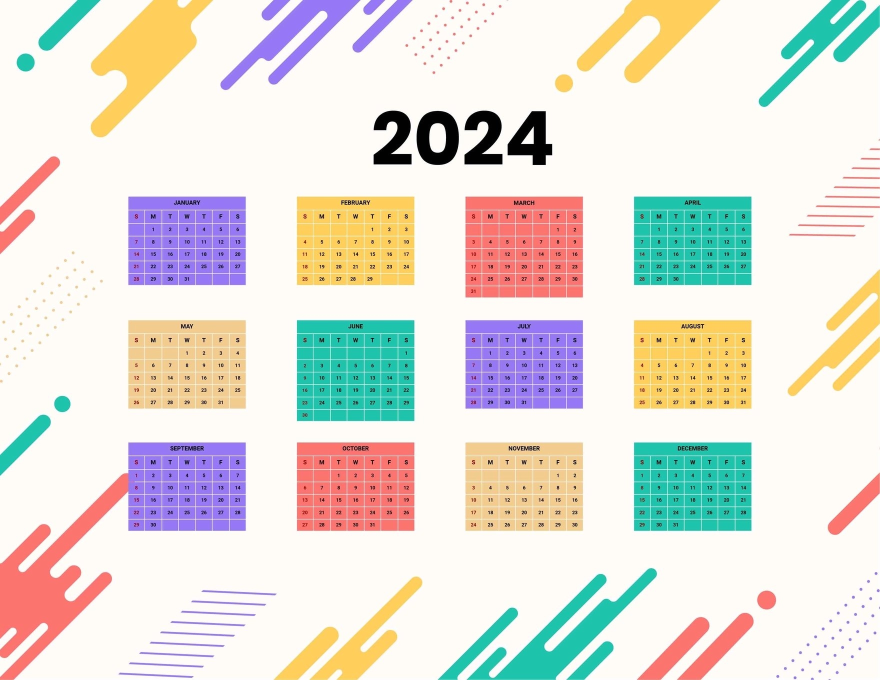 Colorful Year 2024 Calendar In EPS Illustrator JPG MS Word SVG