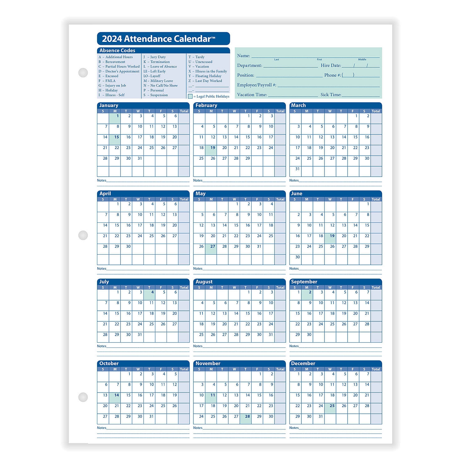 ComplyRight 2024 Attendance Calendar In White 50 Pack - Free Printable 2024 Employee Attendance Calendar Pdf Download