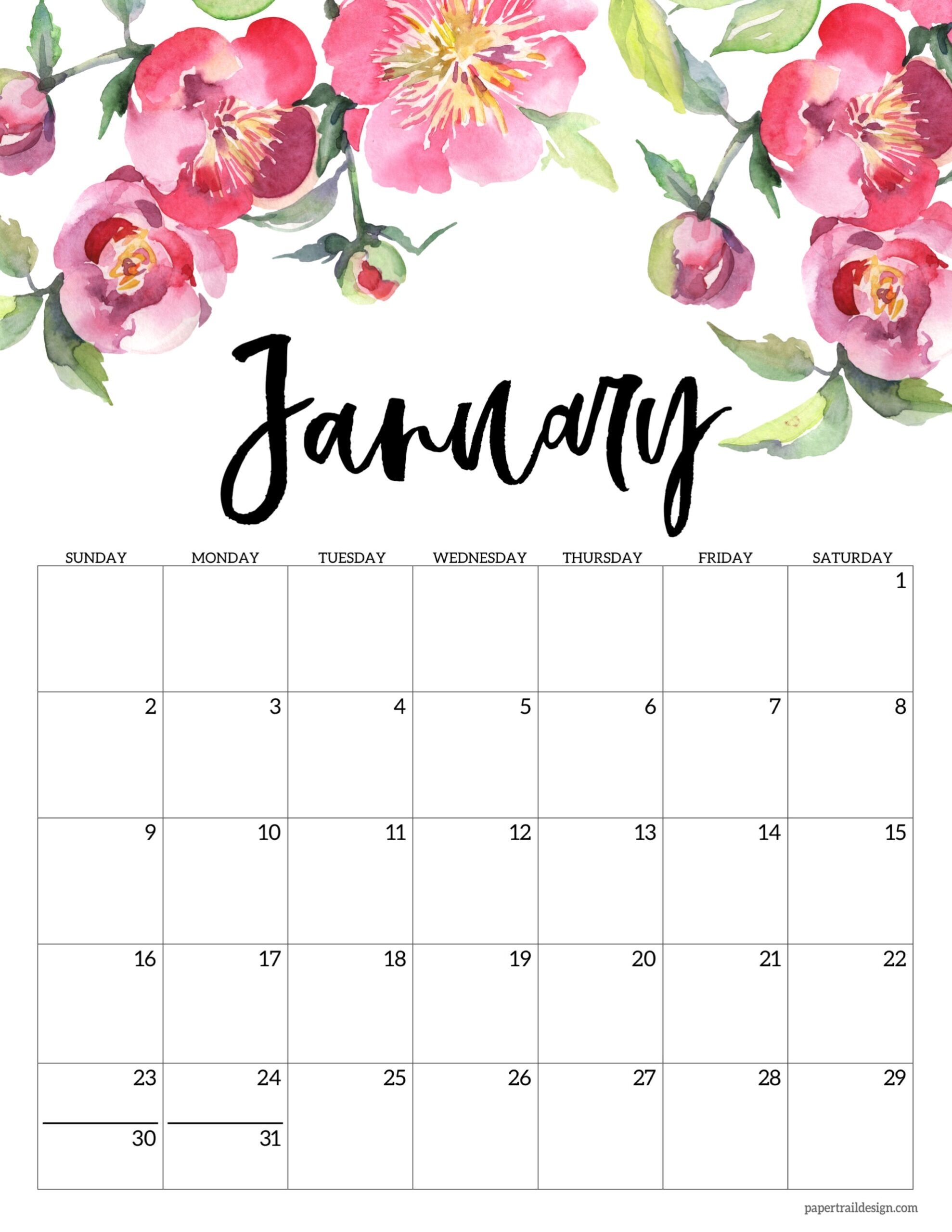 Cute Free Printable January 2022 Calendar - Free Printable 2024 Calendar With Flowers