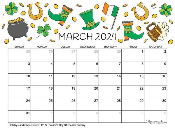 Cute March 2024 Calendar Printable Becka Carmita - Free Printable 2024 March Calendar With Holidays