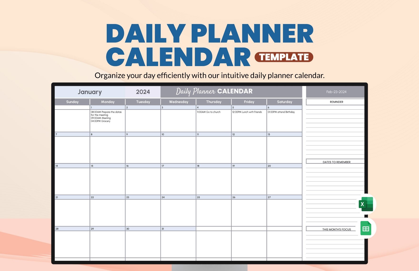 Daily Planner Calendar Template In Ms Excel, Google Sheets regarding Free Printable August 2024 Calendar Waterproof