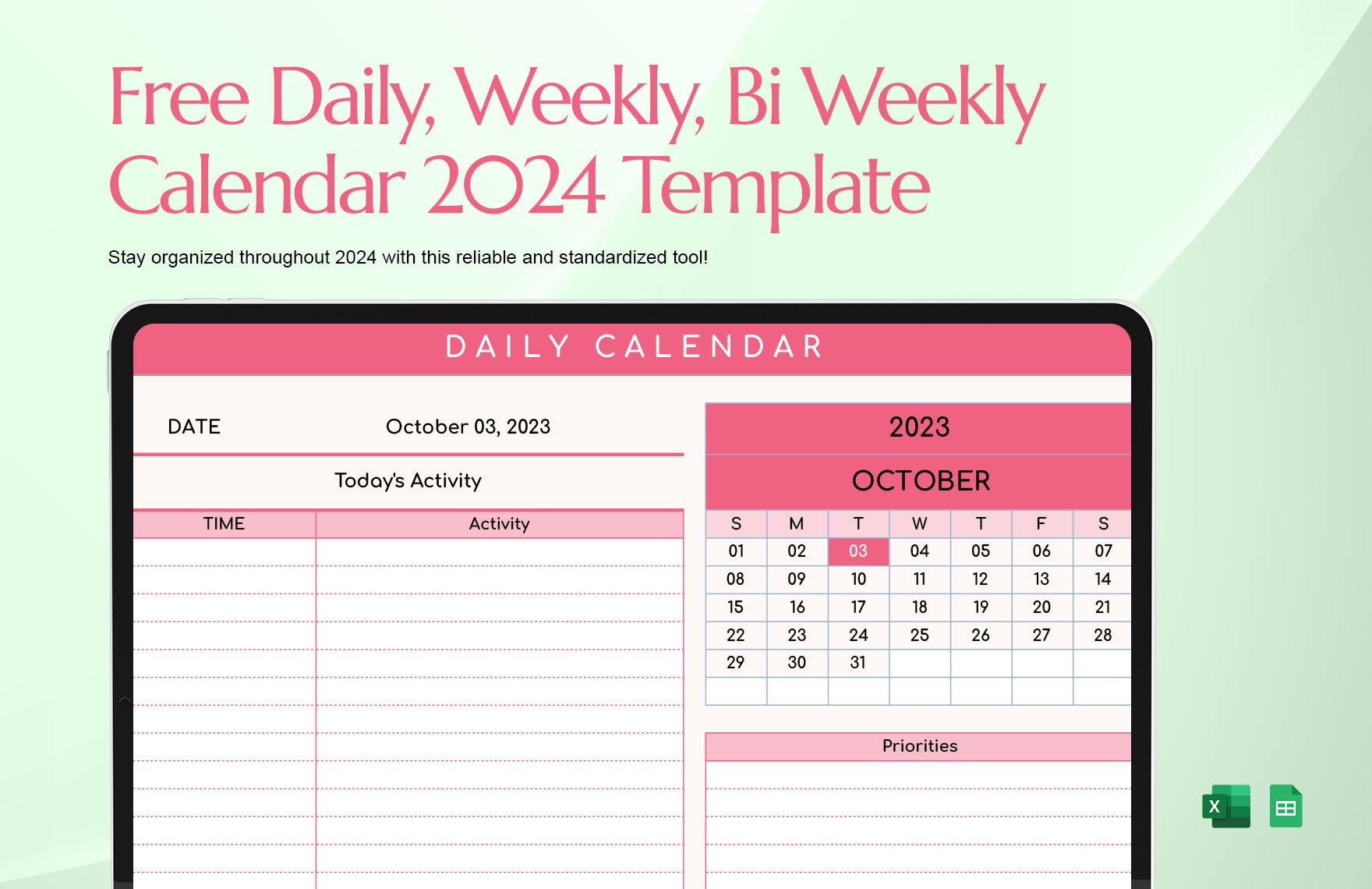 Daily, Weekly, Bi Weekly Calendar 2024 Template In Excel, Google inside Free Printable Bi Weekly Calendar 2024