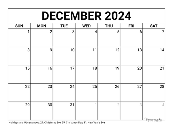 December 2023 2024 Calendar Free Printable With Holidays - Free Printable 2024 December Calendar 8by10