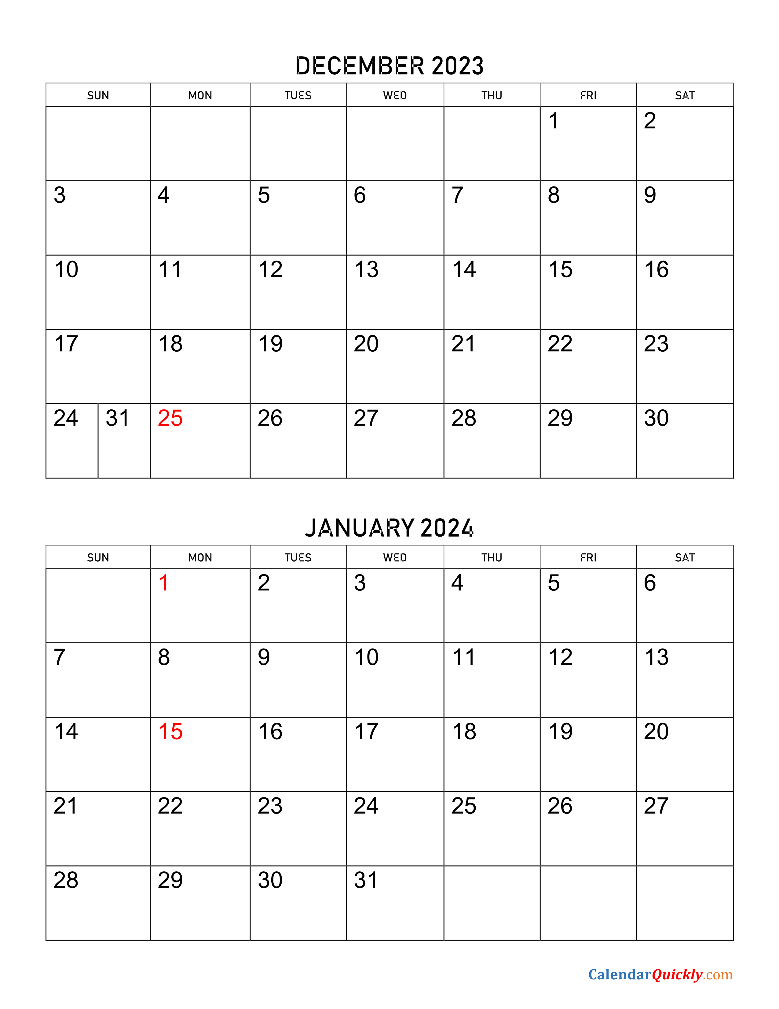 December 2023 To January 2024 Calendar Printable 2024 CALENDAR PRINTABLE - Free Printable 20241 Calendar