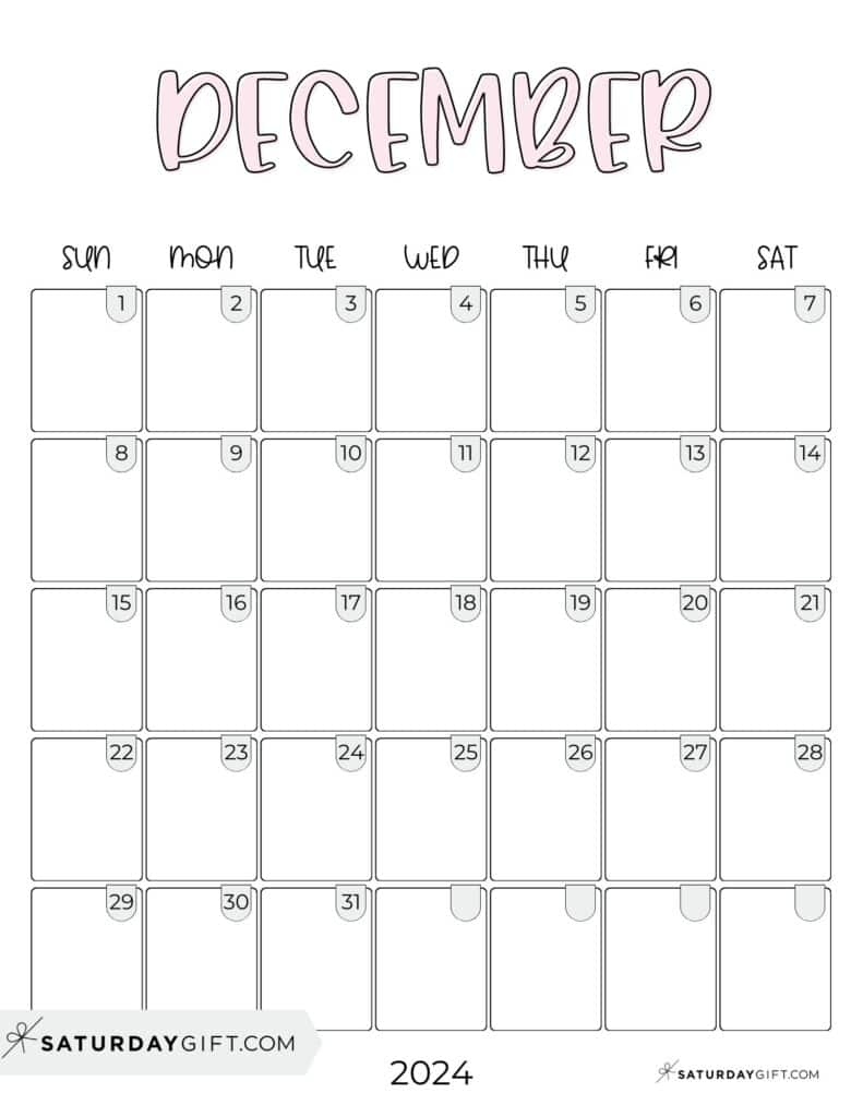 December 2024 Calendar - 20 Cute &amp;amp; Free Printables | Saturdaygift intended for Free Printable Blank December 2024 Calendar