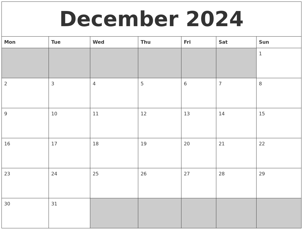 December 2024 Calendar For Printing December 2024 Calendar Free Blank - Free Printable 2024 December Calendar