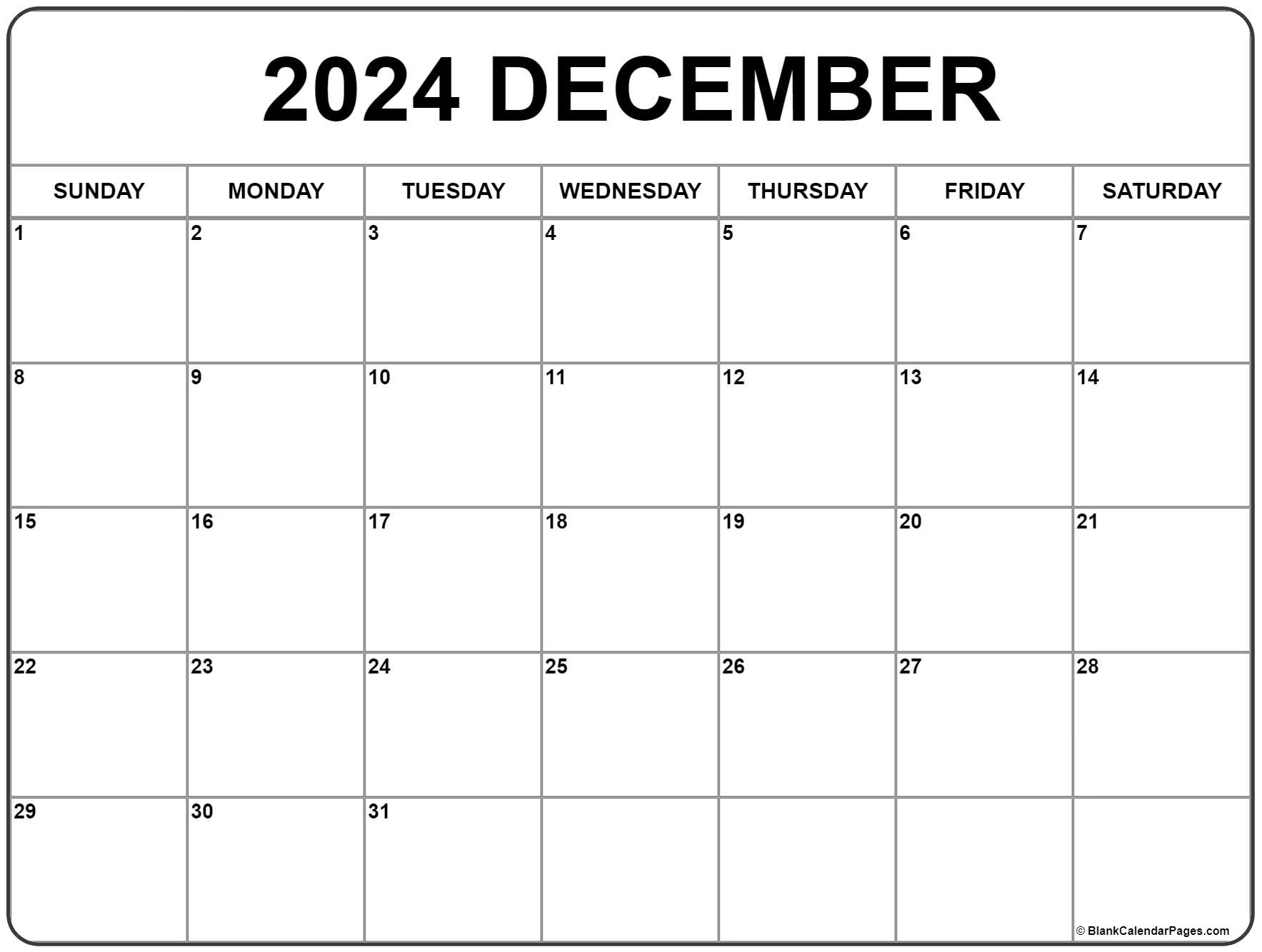 December 2024 Calendar | Free Printable Calendar for Free Printable Blank Calendar December 2024