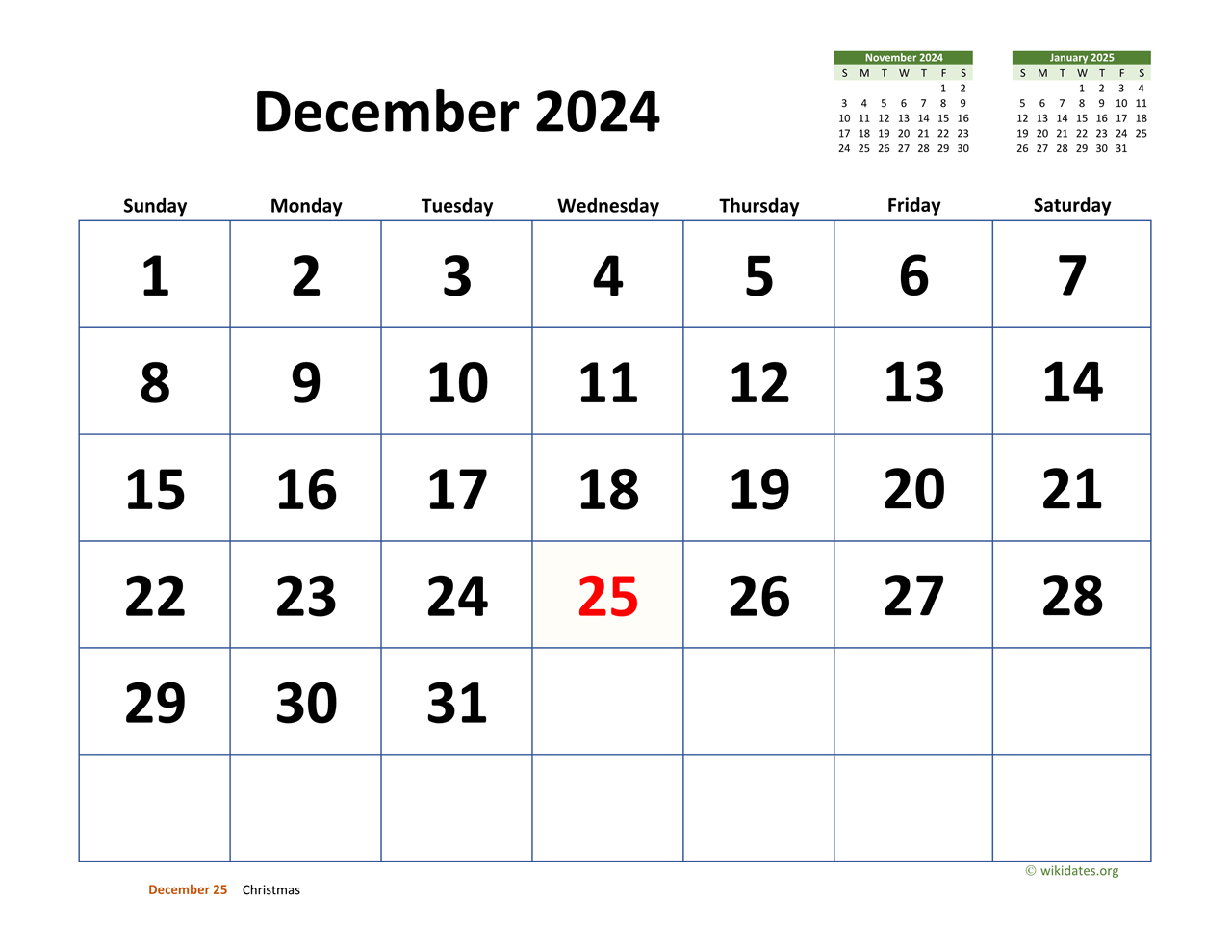 December 2024 Calendar With Extra large Dates WikiDates | Free Printable 2024 December Calendar 8by10