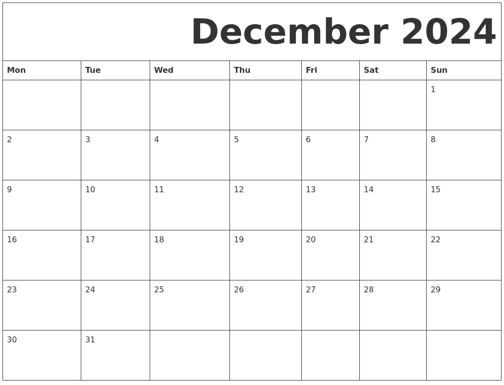 December 2024 Free Printable Calendar - Free Printable 2024 December Christmas Calendar