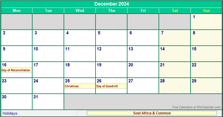December 2024 South Africa Calendar With Holidays For Printing image - Free Printable 2024 Monthly Calendar December