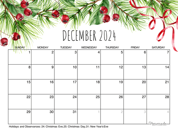 December Calendar Printable 2024 Leesa Nananne | Free Printable 2024 December Christmas Calendar