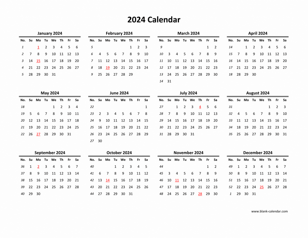 Download Blank Calendar 2024 (12 Months On One Page, Horizontal) with Free Printable Calendar 2024 One Page
