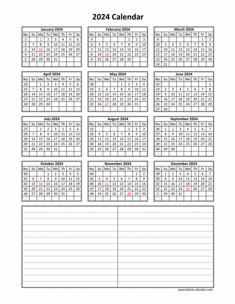Download Blank Calendar 2024 With Space For Notes (12 Months On in Free Printable Calendar 2024 With Space For Notes
