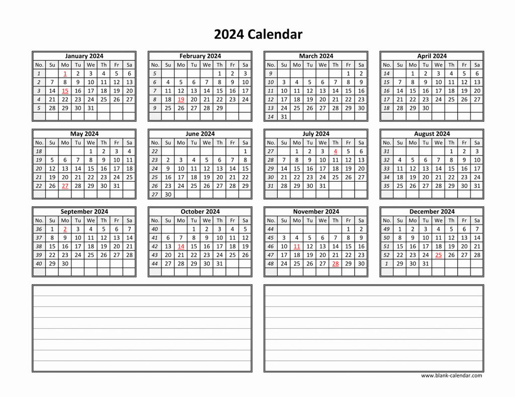 Download Blank Calendar 2024 With Space For Notes (12 Months On in Free Printable Calendar 2024 Year With Notes Section