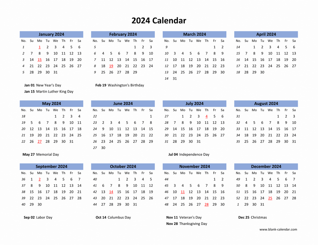 Download Blank Calendar 2024 With Us Holidays (12 Months On One pertaining to Free Printable Blank 2024 Calendar With Holidays