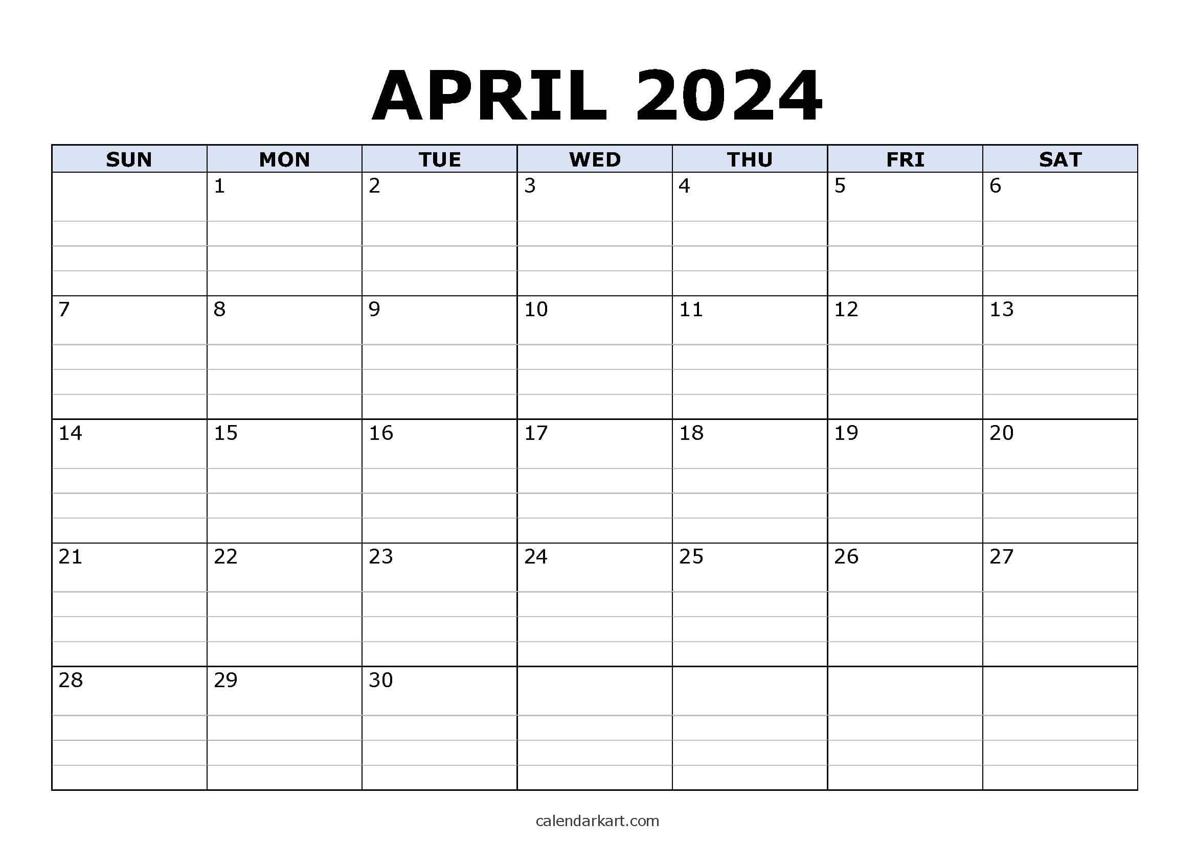 Download Free Printable April 2024 Calendar - Calendarkart regarding Free Printable April 2024 Calendar With Lines