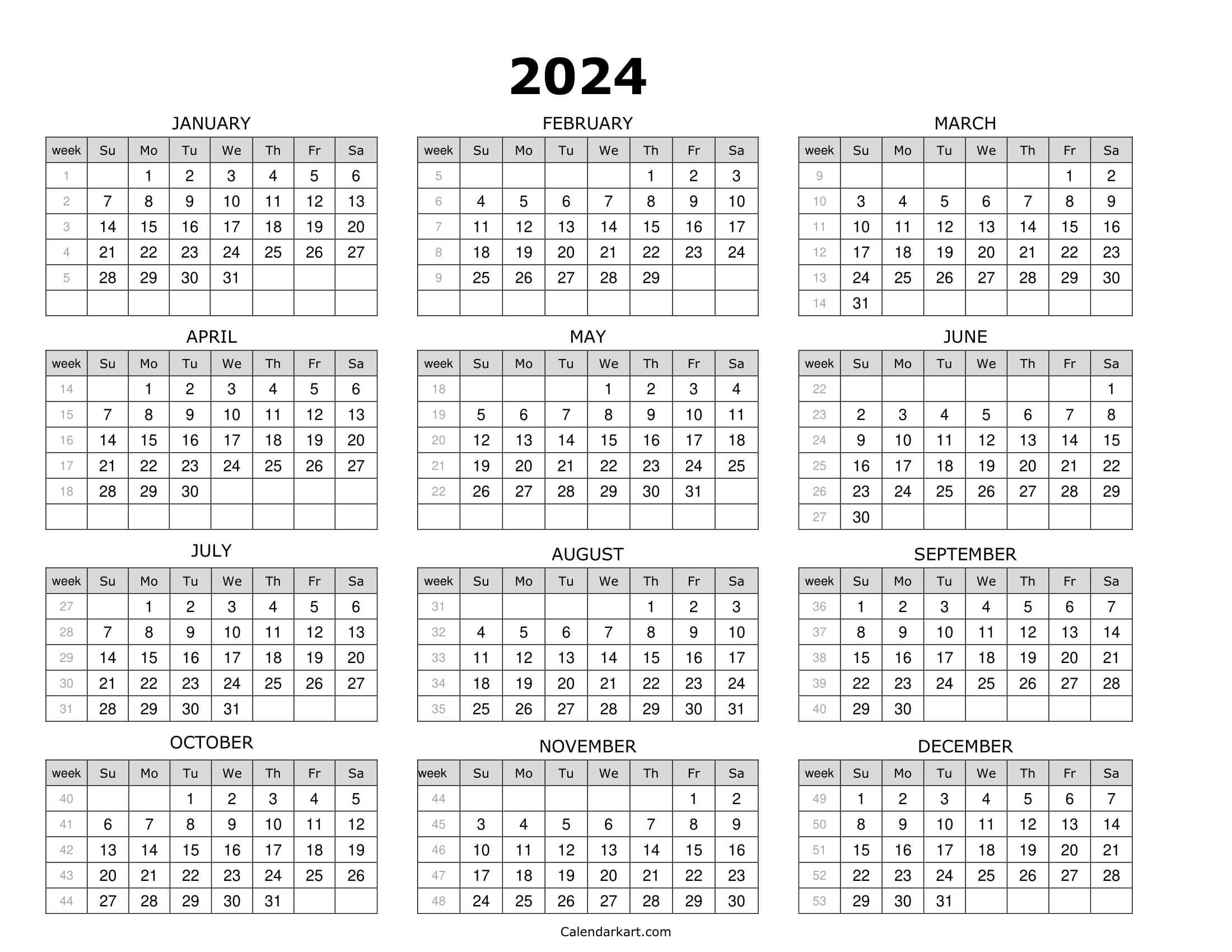 Download Printable Year At Glance Calendar 2024 | Calendarkart in Free Printable Calendar 2024 With Grid Lines