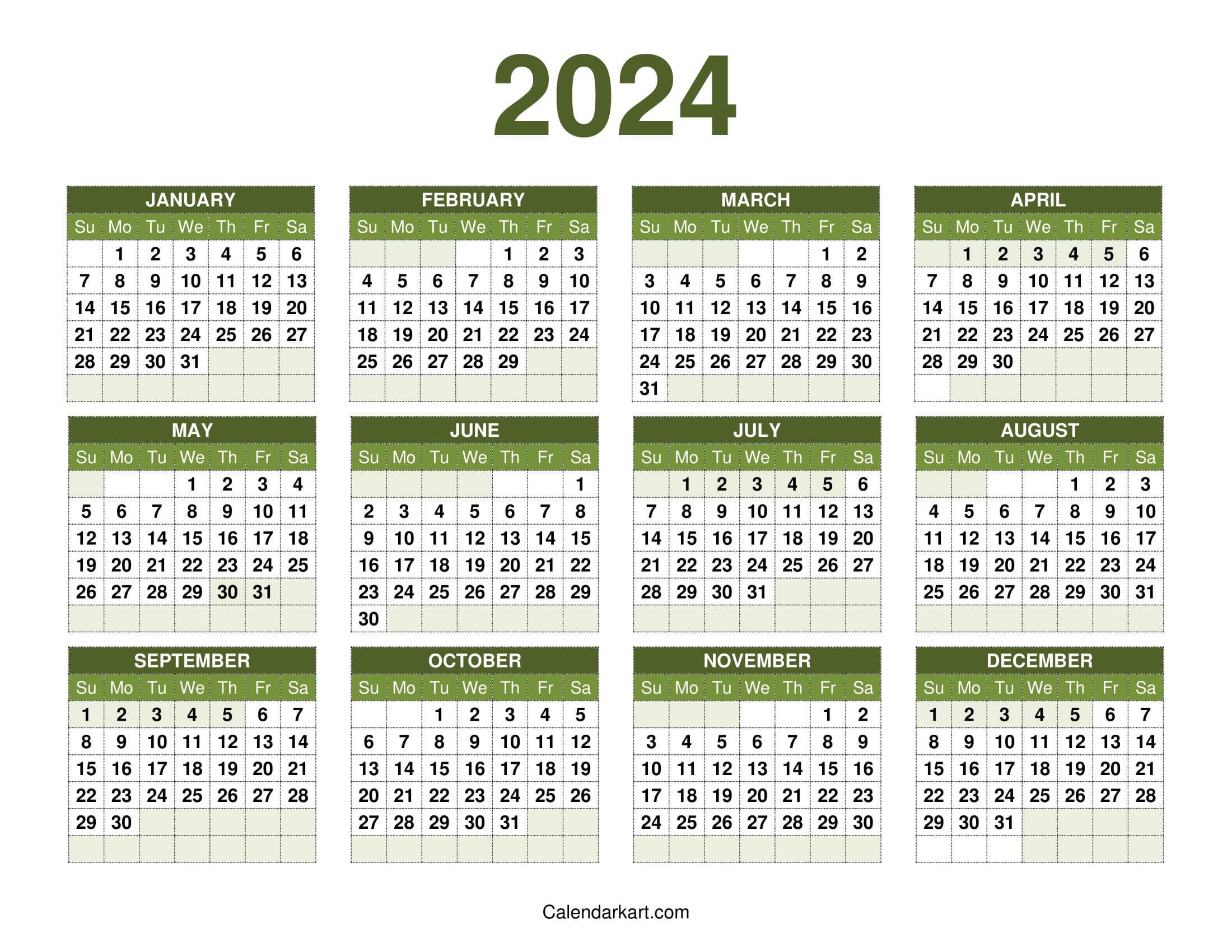 Download Printable Year At Glance Calendar 2024 | Calendarkart regarding Free Printable Calendar 2024 20