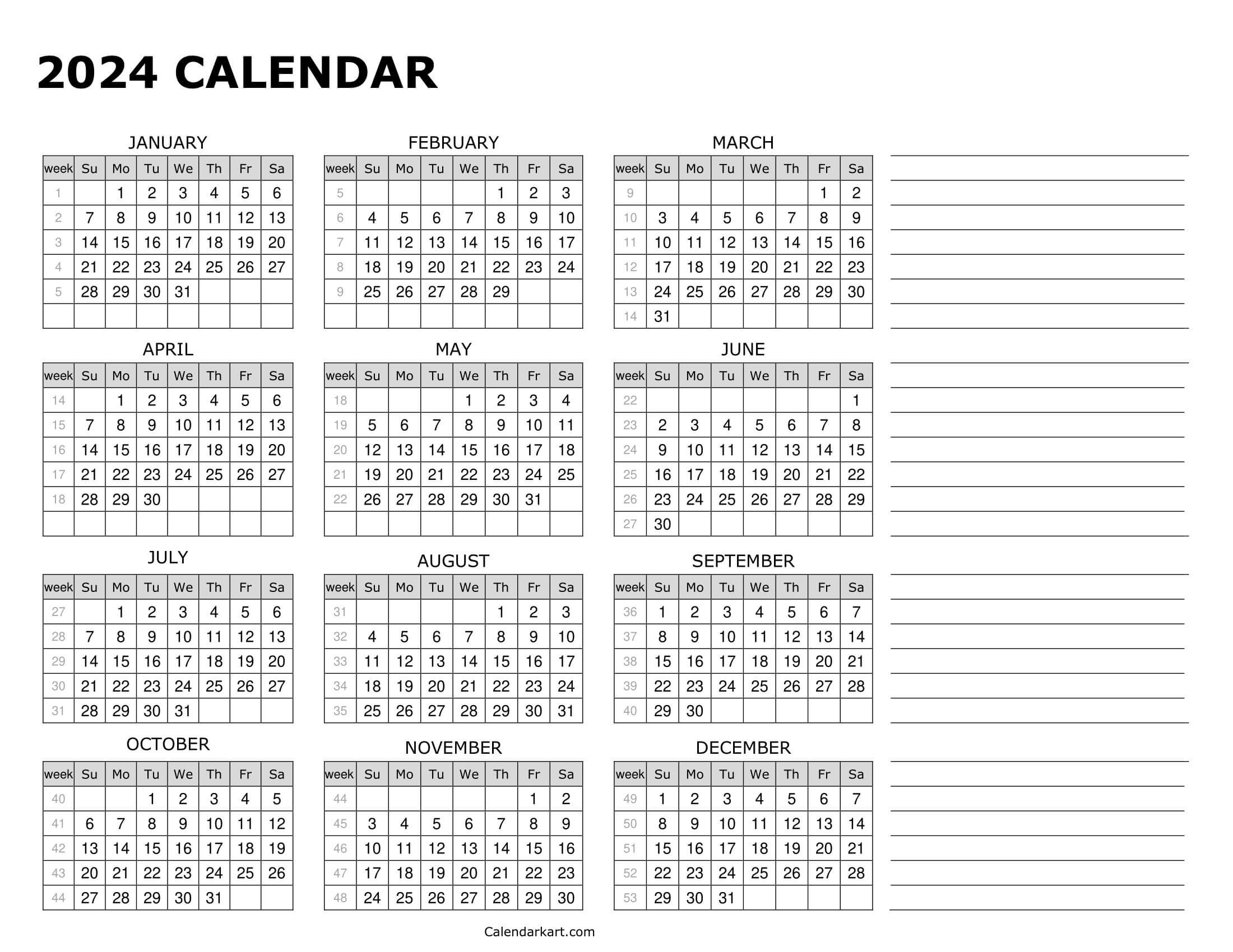 Download Printable Year At Glance Calendar 2024 | Calendarkart with Free Printable Calendar 2024 With Room For Notes