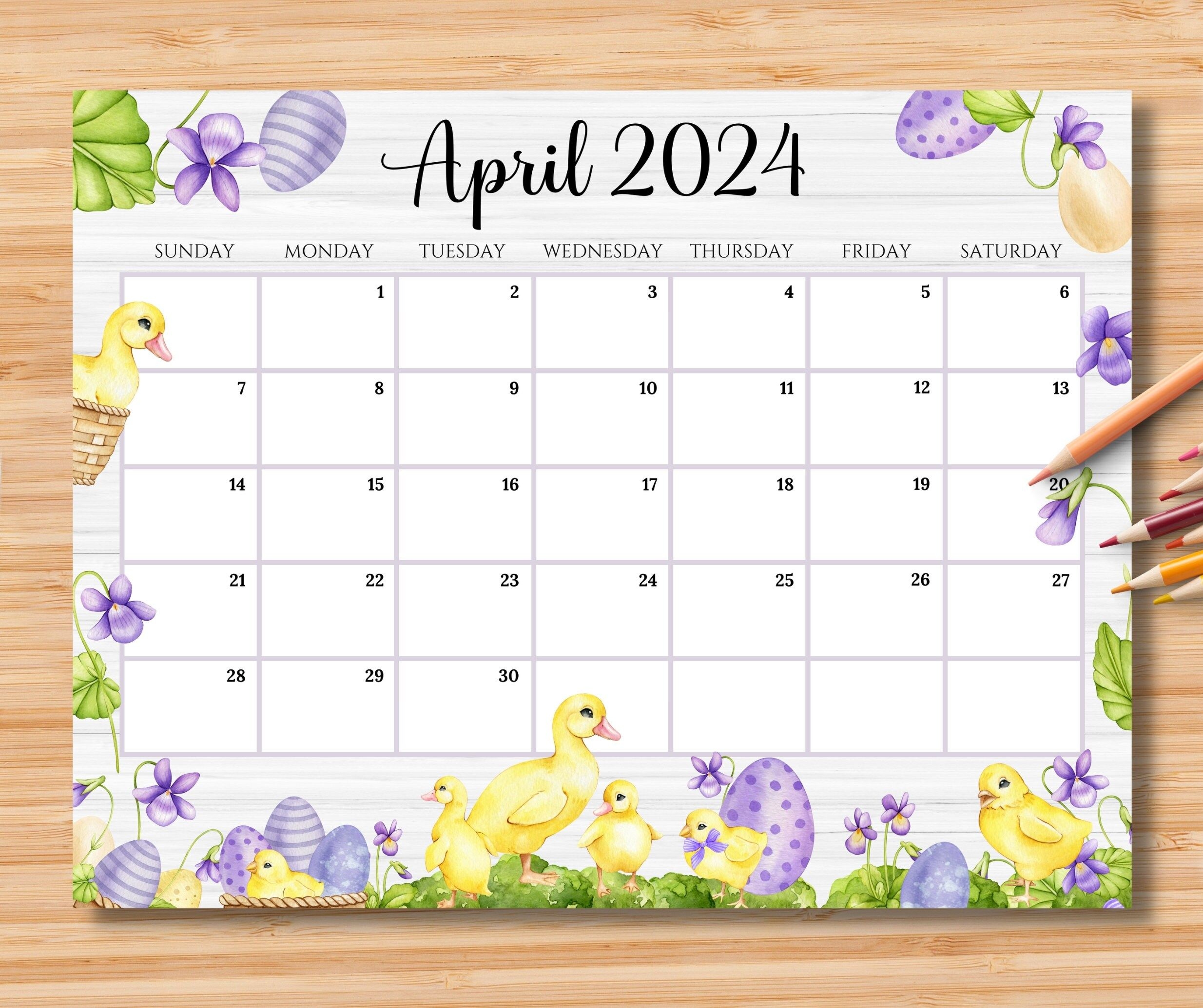 Editable April 2024 Calendar Happy Easter Day With Cute Ducks intended for Free Printable April 2024 Easter Calendar