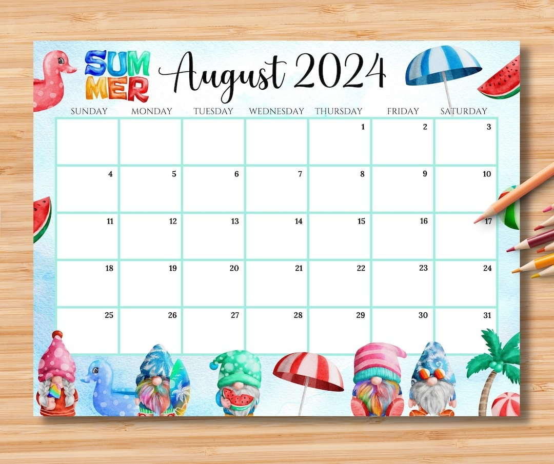Editable August 2024 Calendar, Beautiful Colorful Summer With Cute with Free Printable August 2024 Calendar For Kids