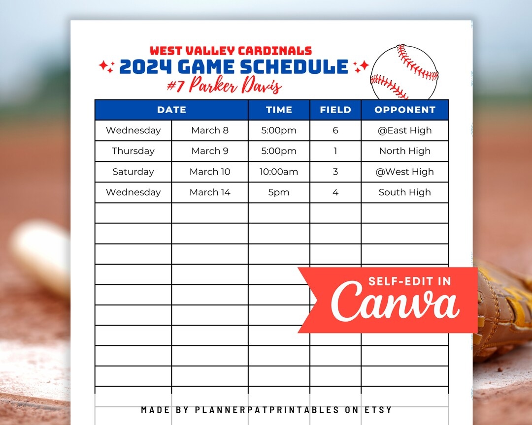 Editable Baseball Game Schedule Template Printable, Practice Calendar, Canva - Etsy Finland within Free Printable Baseball Calendar 2024