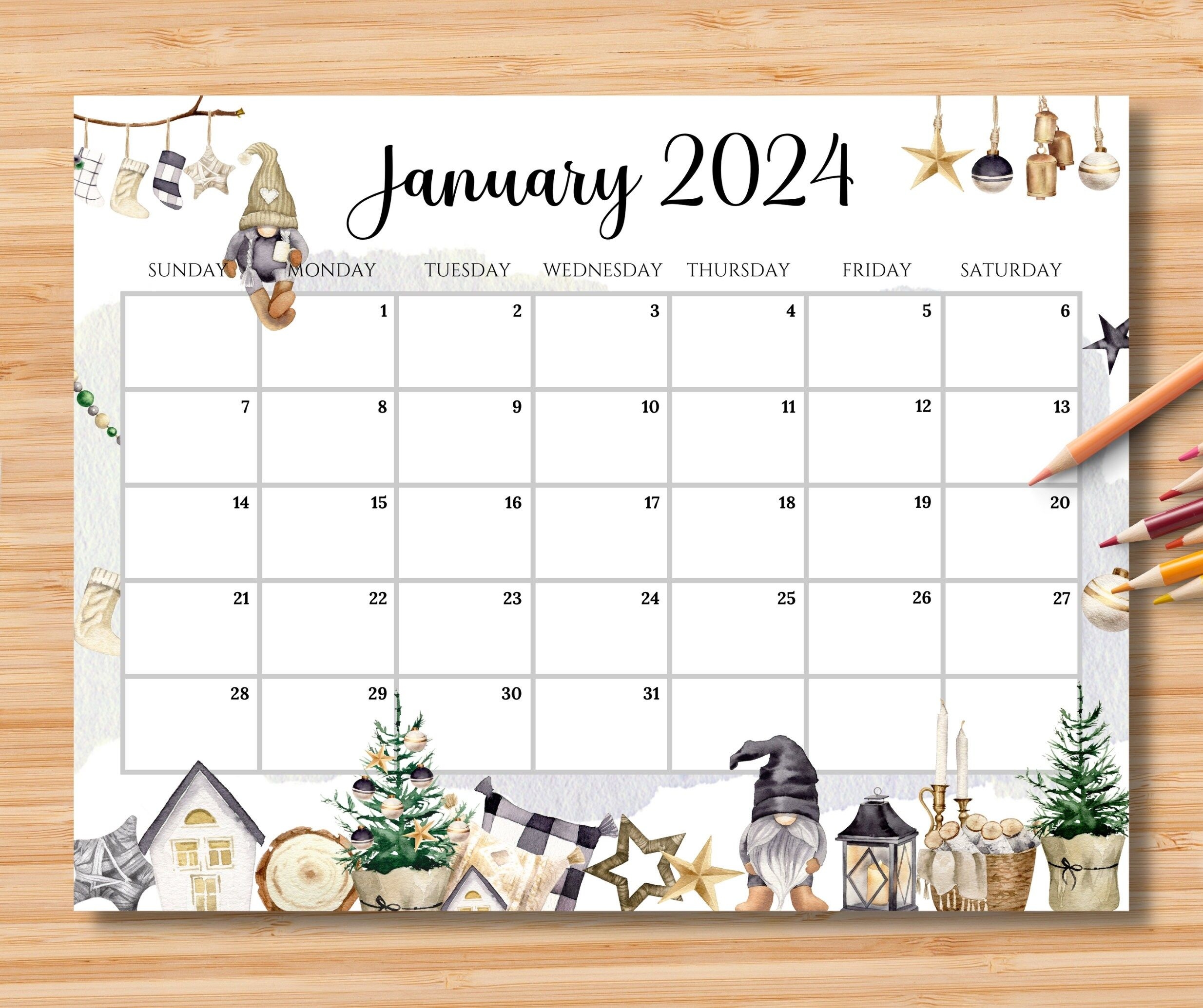 Editable January 2024 Calendar Beautiful Winter With Cute - Etsy in Free Printable Calendar 2024 Pinterest
