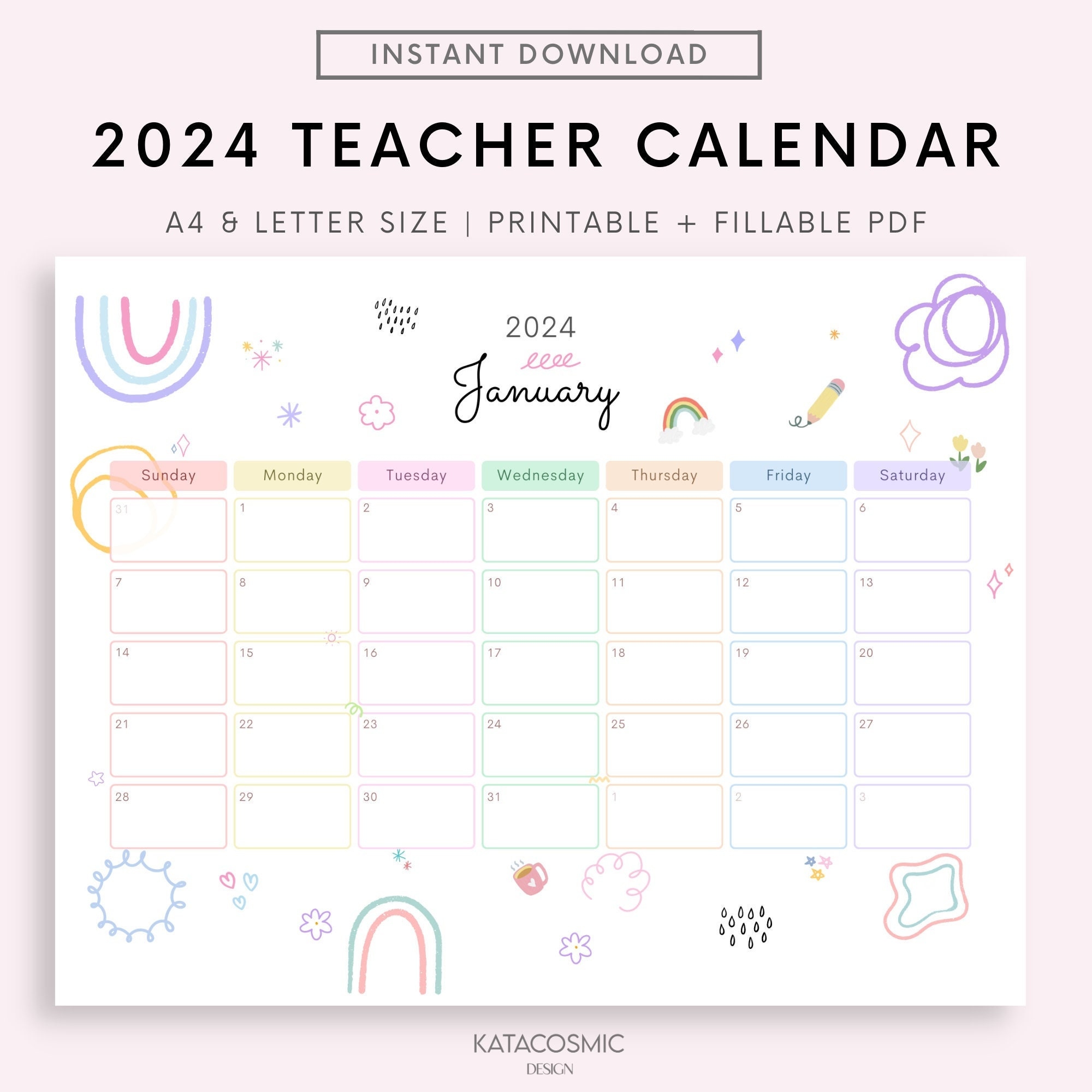 Editable Teacher Calendar 2024, Calendar School Teacher, Wall intended for Free Printable Calendar 2024 For Teachers