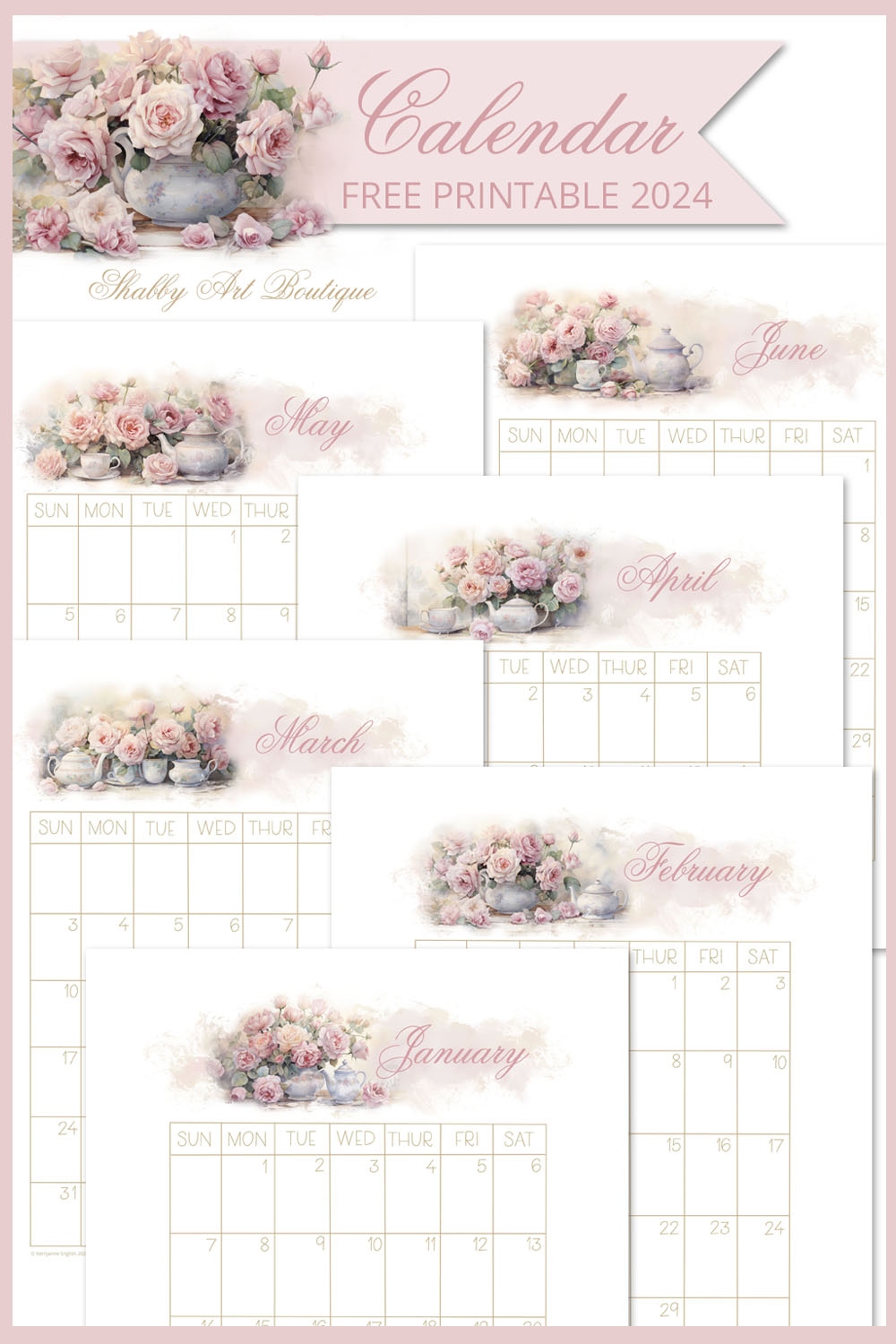 Elegant 2024 Calendar: Free Printable! - Shabby Art Boutique with Free Printable Calendar 2024 In Designs