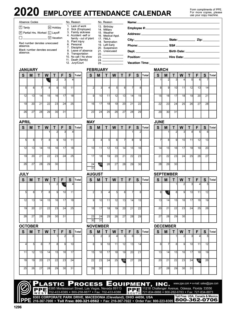 Employee Attendance Calendar And Absence Codes Form 2020 DocHub - Free Printable 2024 Employee Attendance Calendar Plastic Process