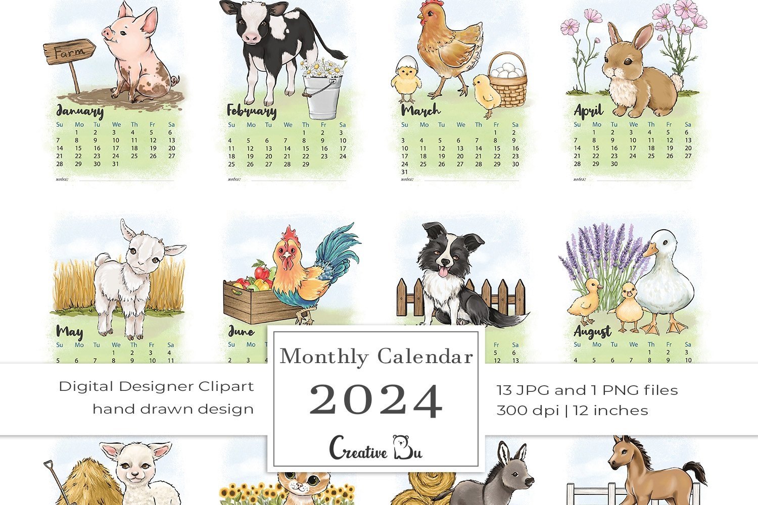 Farm Animals Printable Calendar 2024 Monthly Pages Planner pertaining to Free Printable Animal Calendar 2024