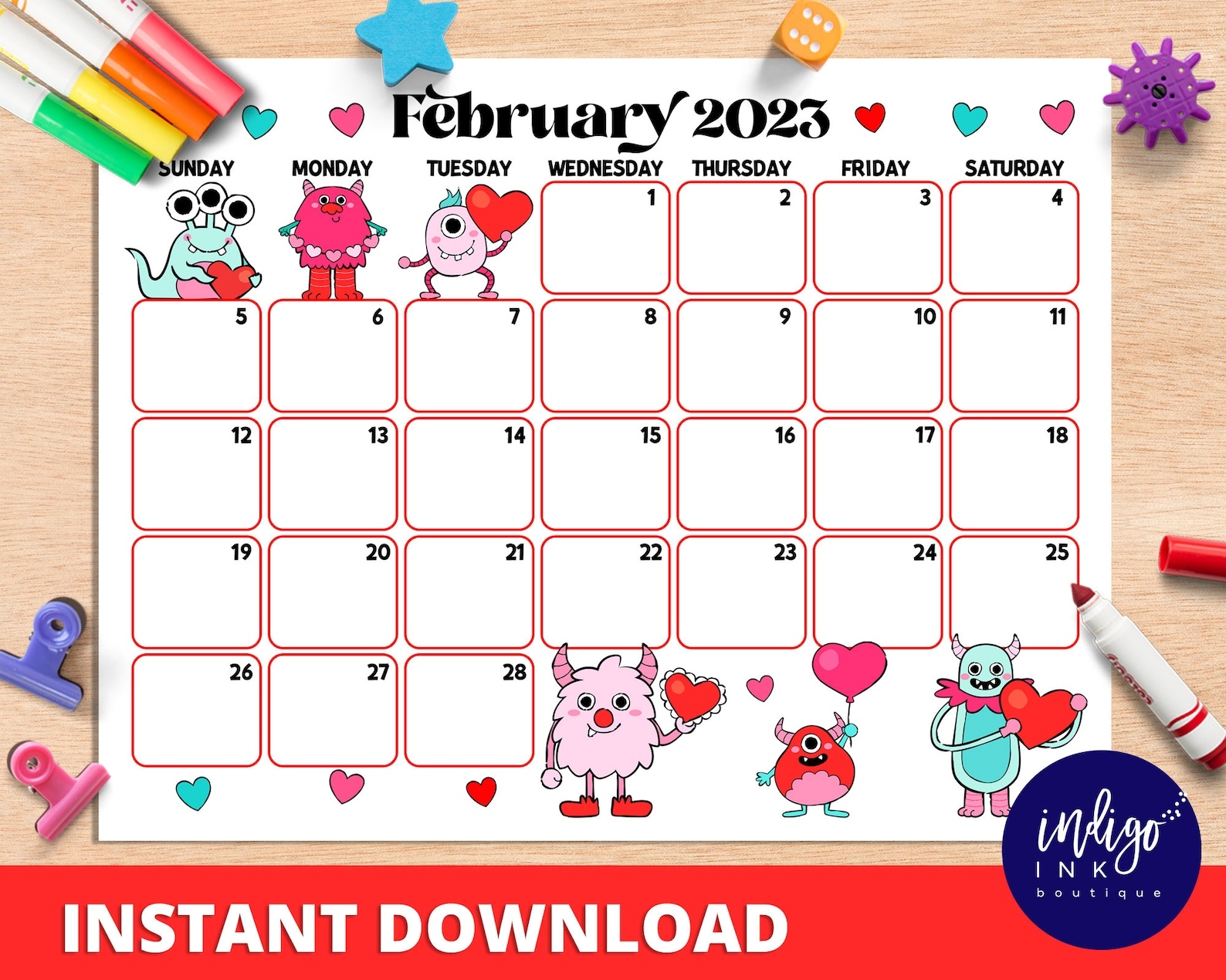 February 2023 Calendar INSTANT DOWNLOAD Monthly Planner Etsy Belgi - Free Printable 20241 Calendar