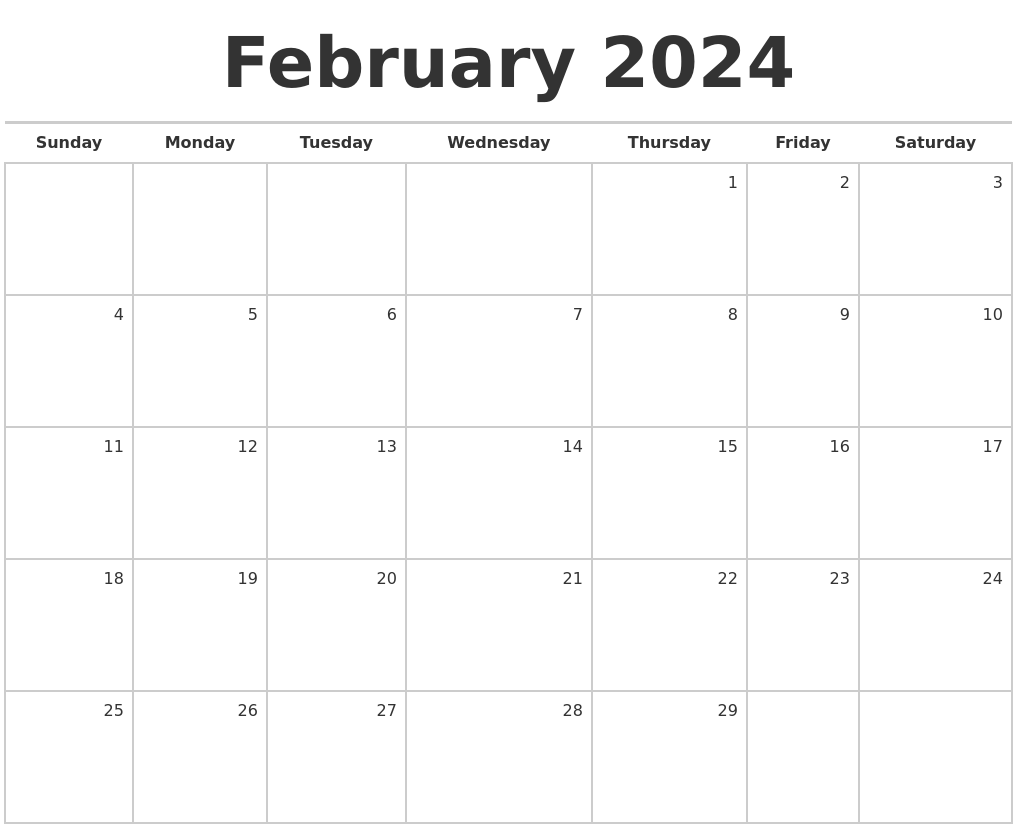 February 2024 Blank Monthly Calendar - Free Printable A4 Calendar February 2024