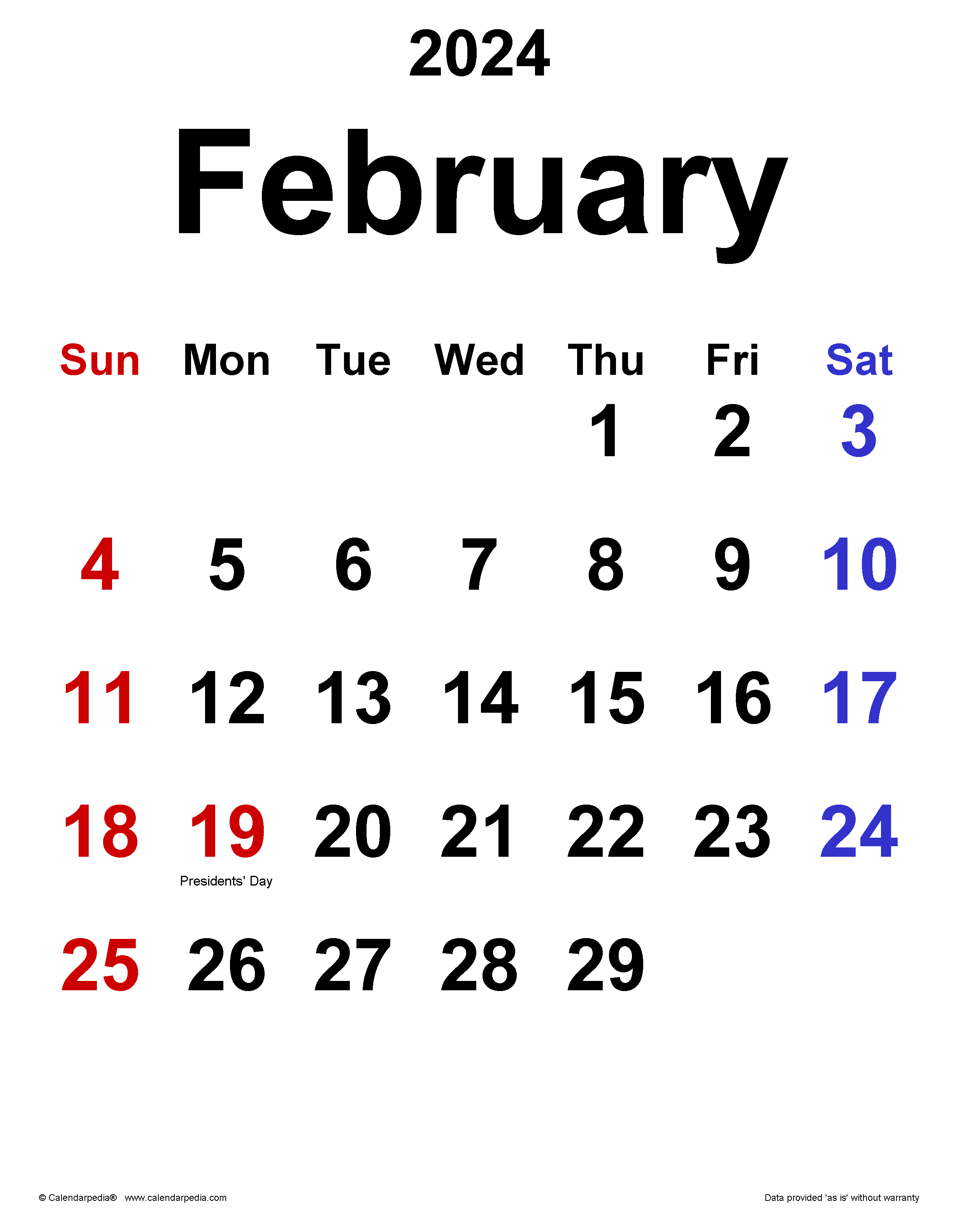 February 2024 Calendar - Free Printable 2024 February Calendar With Holidays