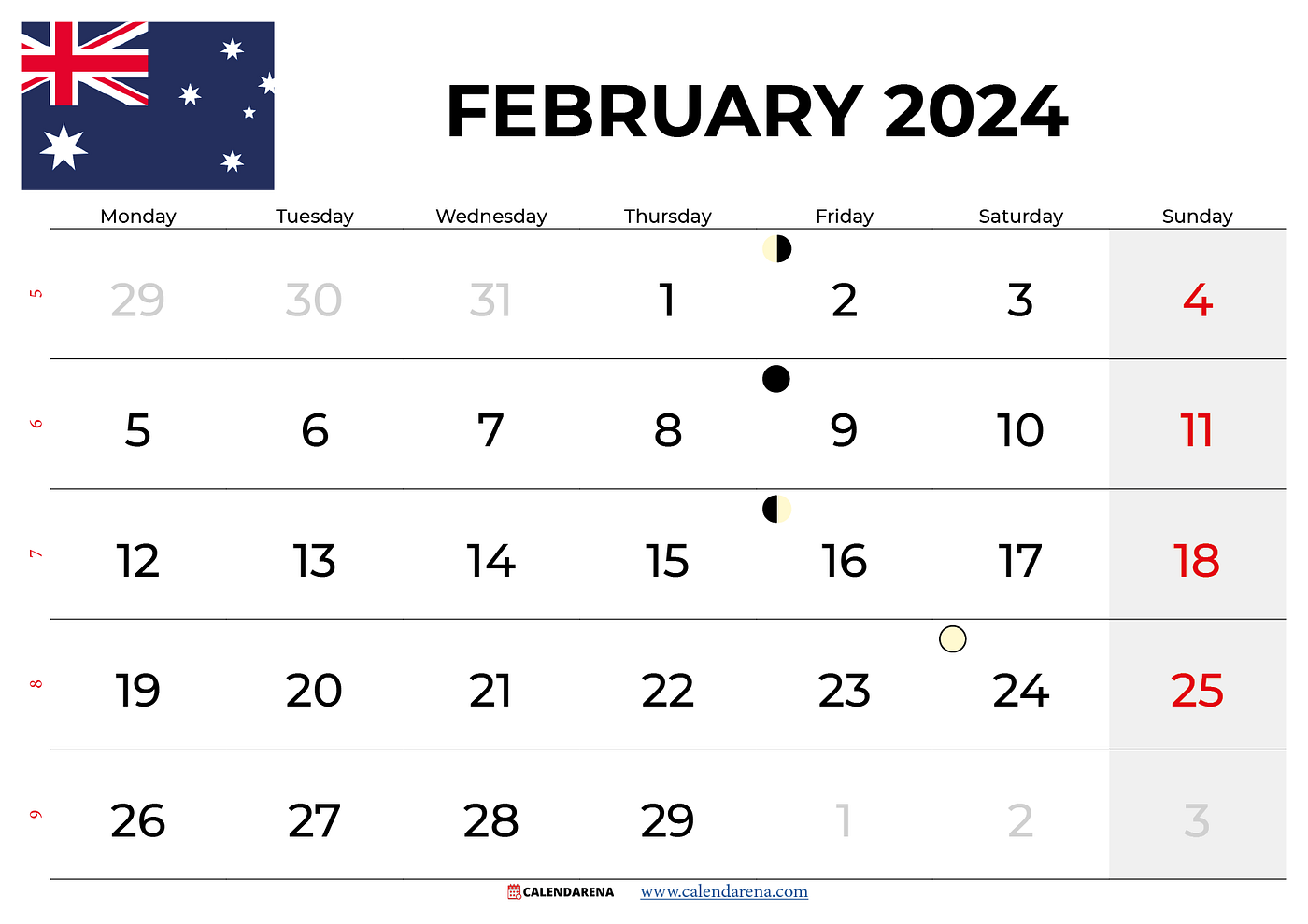February 2024 Calendar Australia |Calendarena | Medium inside Free Printable Australian Monthly Calendar 2024