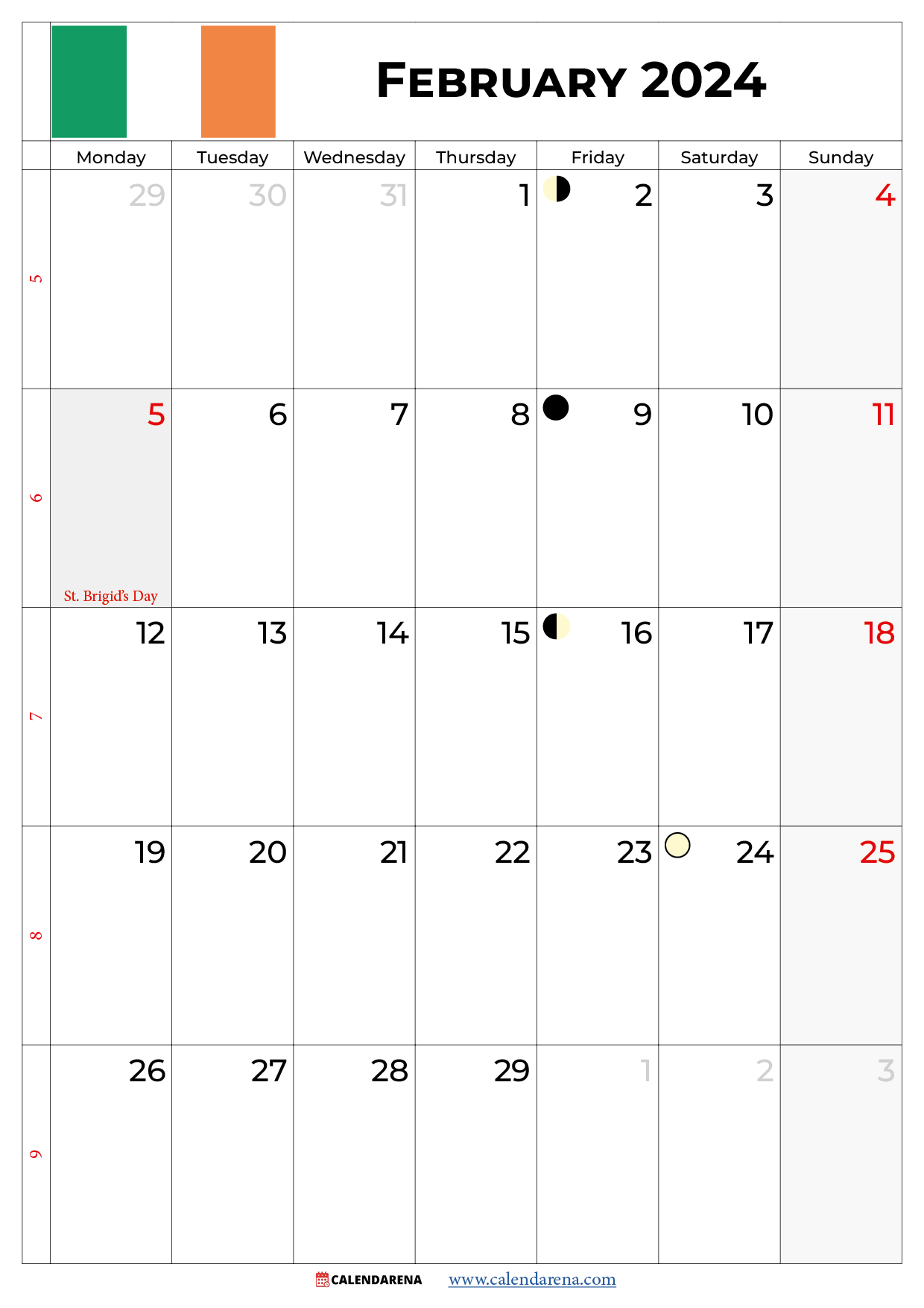 February 2024 Calendar Ireland throughout Free Printable Calendar 2024 Ireland