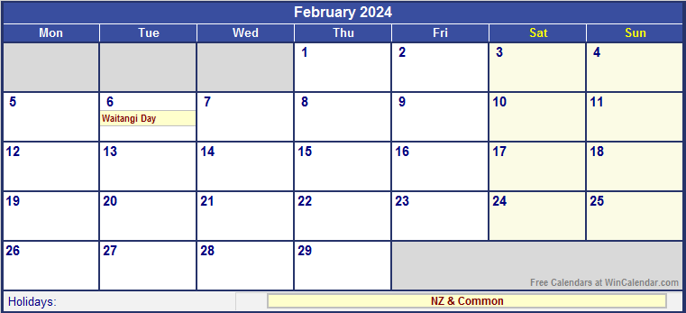 February 2024 New Zealand Calendar With Holidays For Printing image - Free Printable 2024 Calendar With Holidays Nz