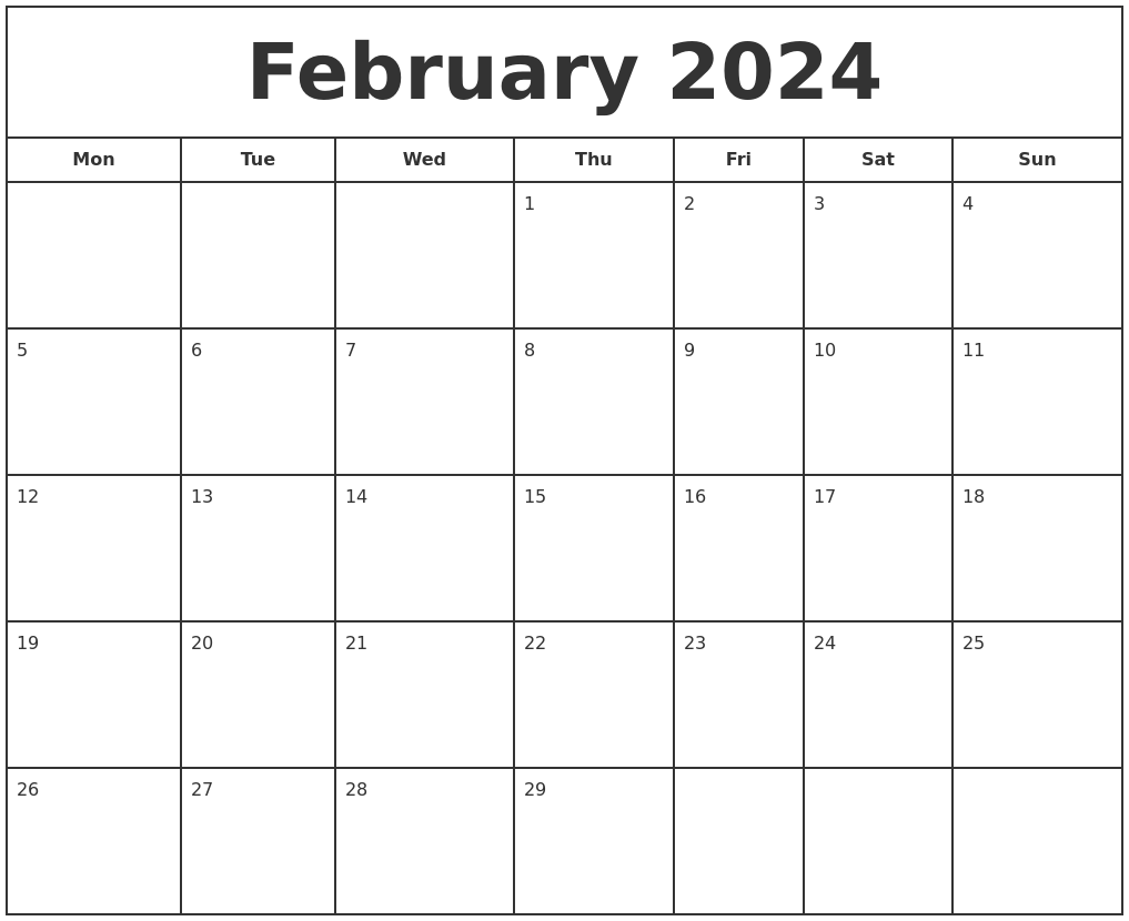February 2024 Print Free Calendar | Free Printable Blank Calendar February 2024