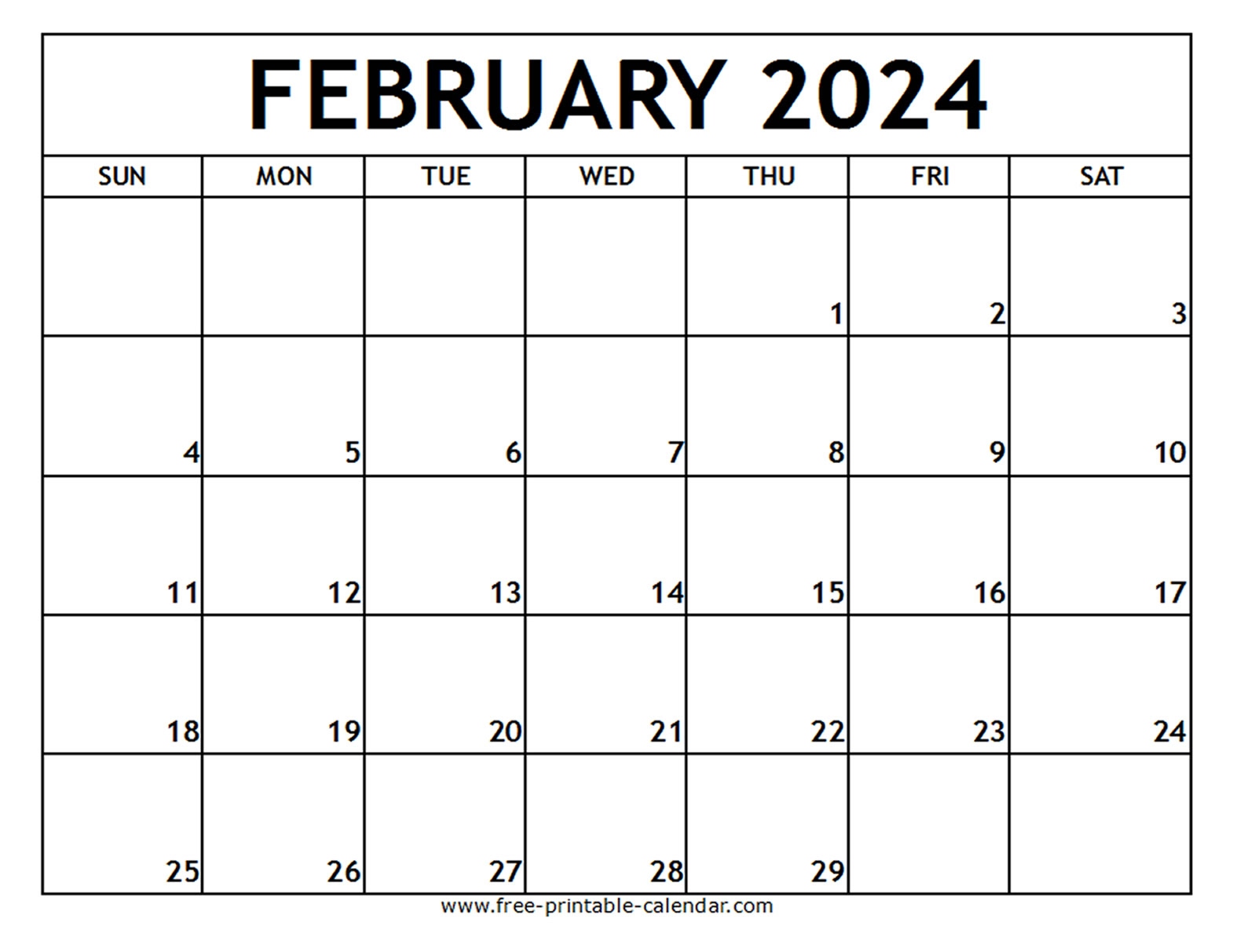 February 2024 Printable Calendar - Free-Printable-Calendar inside Free Printable Blank February 2024 Calendar