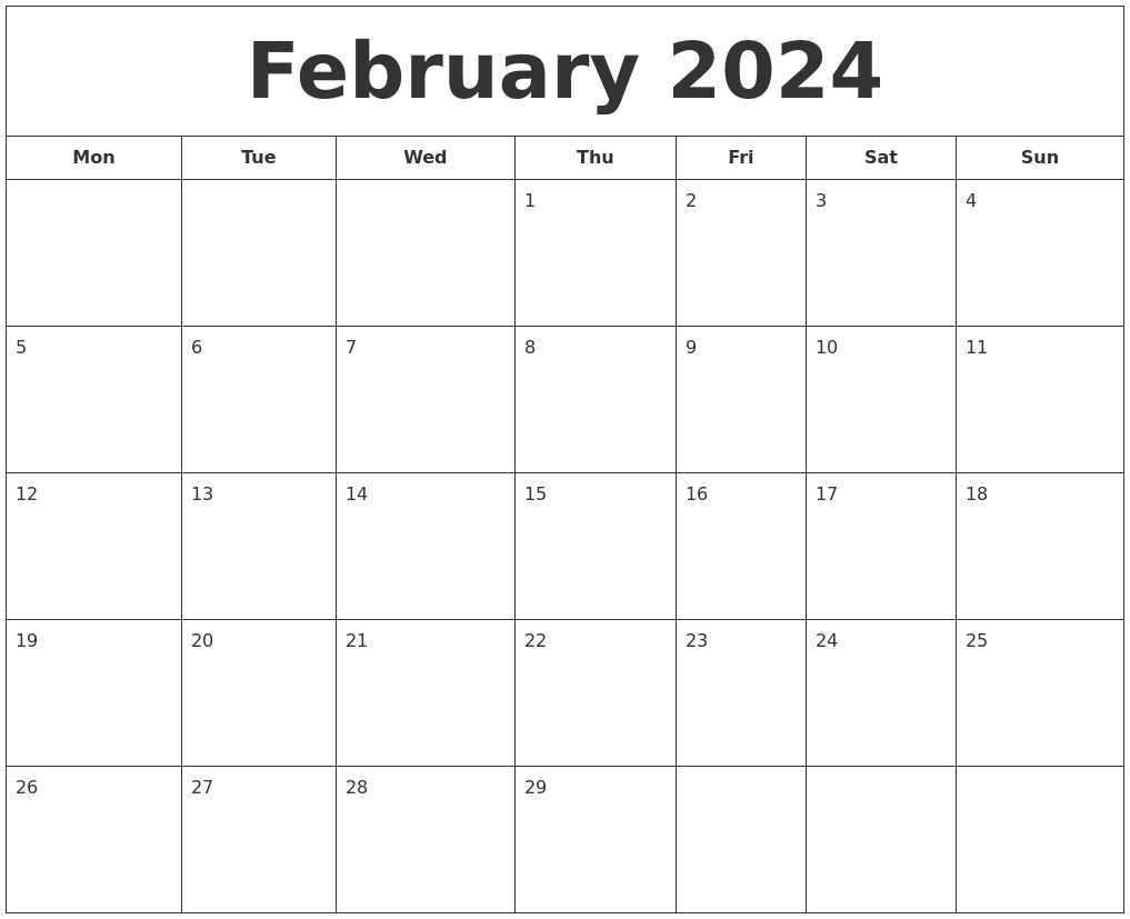 February 2024 Printable Calendar | Free Printable A4 Calendar February 2024